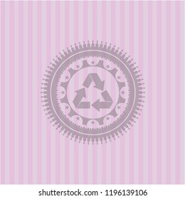 recycle icon inside pink emblem. Retro