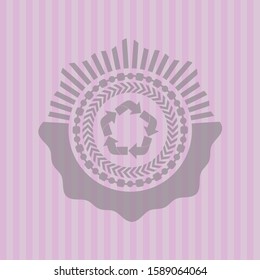 recycle icon inside pink emblem. Retro