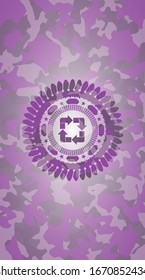 recycle icon inside pink and purple camouflage emblem