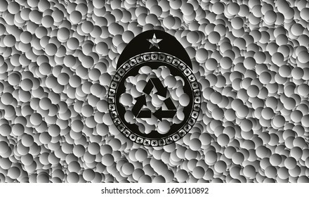 recycle icon inside realistic dark emblem with grey bubbles background. Vector Illustration. Detailed.