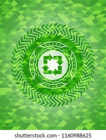 recycle icon inside realistic green emblem. Mosaic background