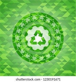 recycle icon inside realistic green emblem. Mosaic background