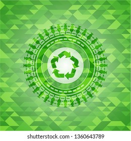 recycle icon inside realistic green emblem. Mosaic background