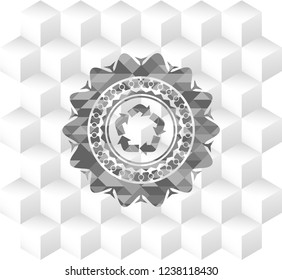 recycle icon inside realistic grey emblem with geometric cube white background