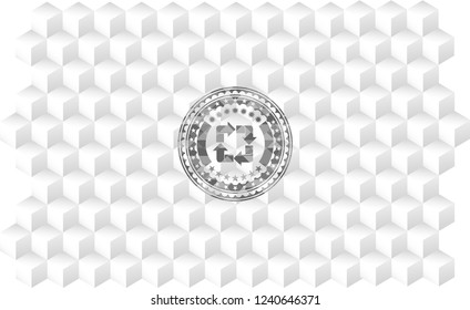 recycle icon inside realistic grey emblem with geometric cube white background