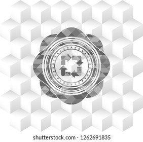 recycle icon inside realistic grey emblem with geometric cube white background