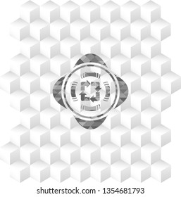 recycle icon inside realistic grey emblem with geometric cube white background