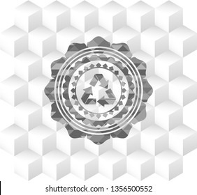 recycle icon inside realistic grey emblem with geometric cube white background