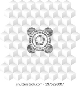 recycle icon inside realistic grey emblem with geometric cube white background