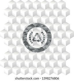 recycle icon inside realistic grey emblem with geometric cube white background