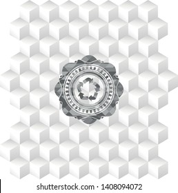 recycle icon inside realistic grey emblem with geometric cube white background