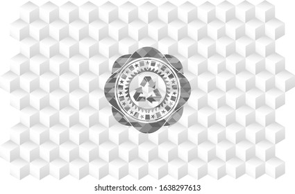 recycle icon inside realistic grey emblem with cube white background