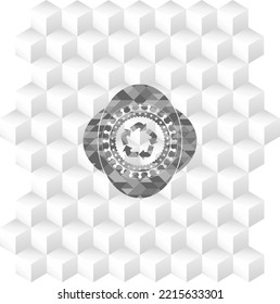 icono de reciclaje dentro de un emblema gris realista con fondo blanco cubo geométrico. 