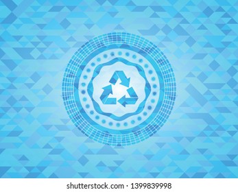 recycle icon inside realistic light blue emblem. Mosaic background