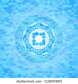 recycle icon inside realistic sky blue mosaic emblem