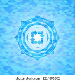 recycle icon inside realistic sky blue mosaic emblem