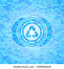 recycle icon inside realistic sky blue mosaic emblem