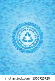 recycle icon inside realistic sky blue mosaic emblem