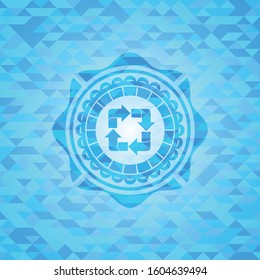 recycle icon inside realistic sky blue emblem. Mosaic background