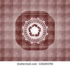 recycle icon inside red badge with geometric background. Seamless.