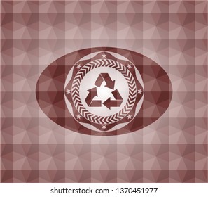 recycle icon inside red badge with geometric pattern. Seamless.