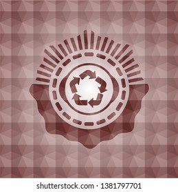 recycle icon inside red badge with geometric pattern background. Seamless.