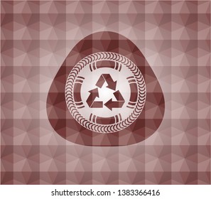 recycle icon inside red badge with geometric pattern background. Seamless.