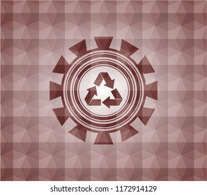 recycle icon inside red emblem with geometric background. Seamless.