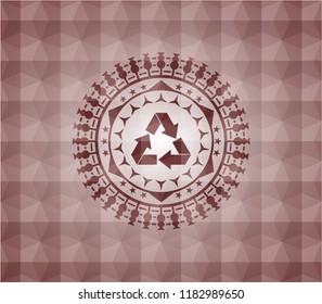 recycle icon inside red emblem with geometric background. Seamless.