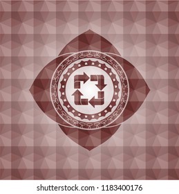 recycle icon inside red emblem or badge with abstract geometric polygonal pattern background. Seamless.
