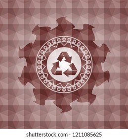 recycle icon inside red emblem with geometric pattern. Seamless.