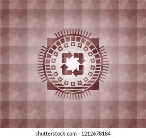 recycle icon inside red emblem or badge with geometric pattern background. Seamless.