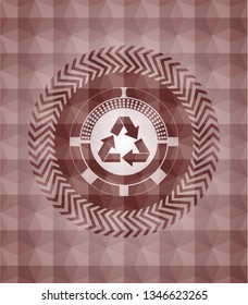 recycle icon inside red emblem with geometric pattern background. Seamless.