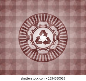 recycle icon inside red emblem or badge with abstract geometric pattern background. Seamless.