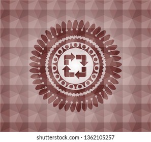 recycle icon inside red emblem or badge with abstract geometric pattern background. Seamless.