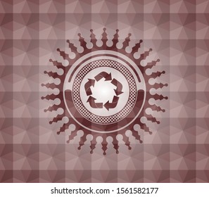 recycle icon inside red emblem with geometric pattern. Seamless.