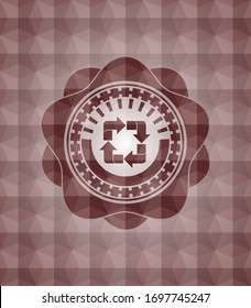 recycle icon inside red emblem with geometric pattern. Seamless.