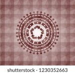 recycle icon inside red geometric pattern emblem. Seamless.
