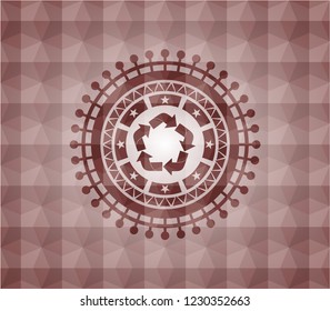 recycle icon inside red geometric pattern emblem. Seamless.