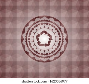 recycle icon inside red geometric pattern emblem. Seamless.