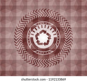 recycle icon inside red polygonal badge. Seamless.