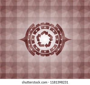 recycle icon inside red seamless emblem with geometric pattern.