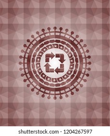 recycle icon inside red seamless geometric pattern emblem. Seamless.