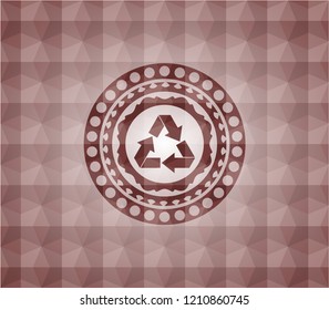 recycle icon inside red seamless geometric emblem.