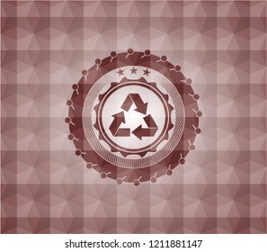 recycle icon inside red seamless geometric pattern emblem. Seamless.