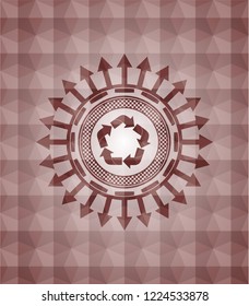 recycle icon inside red seamless emblem with geometric pattern.