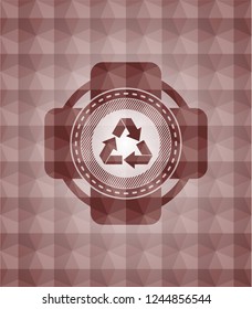 recycle icon inside red seamless emblem or badge with abstract geometric pattern background.