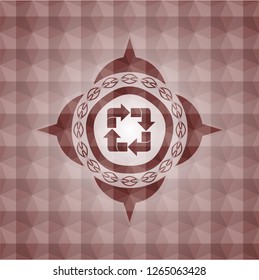 recycle icon inside red seamless geometric pattern emblem. Seamless.