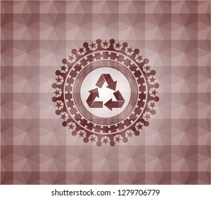 recycle icon inside red seamless badge with geometric background.