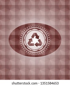 recycle icon inside red seamless emblem or badge with abstract geometric pattern background.